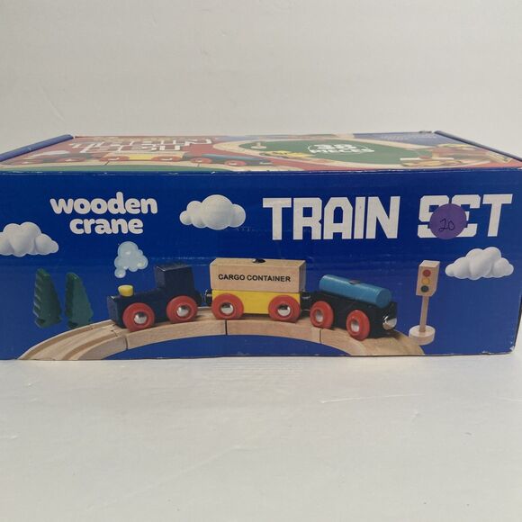 Wooden Crane Train Set Track Cars Working Crane Traffic Cones Trees 38 Pieces - Picture 5 of 6